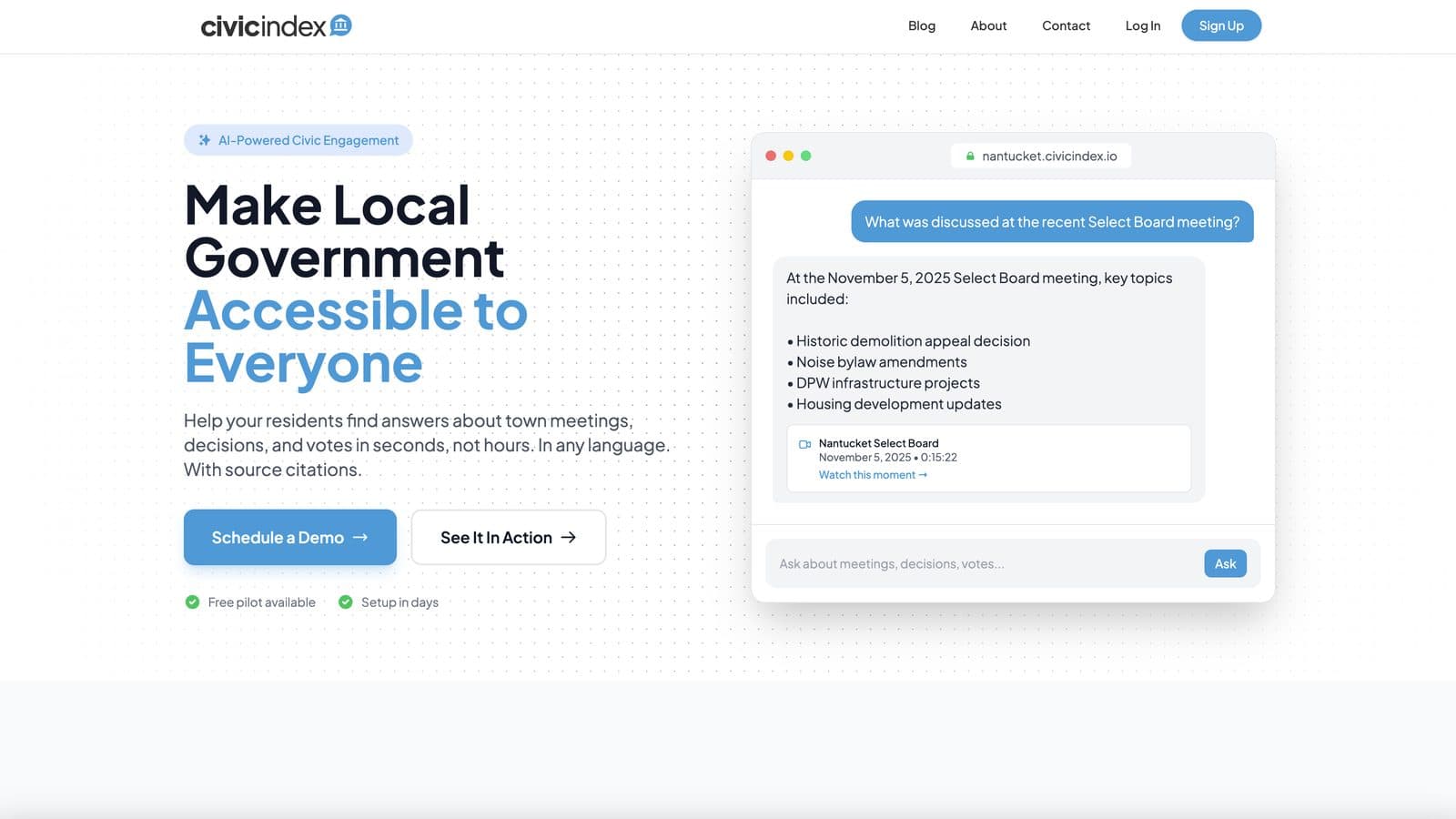 Homepage of the Nantucket Civic Index website, a civic technology project designed and built by Owen Hudson