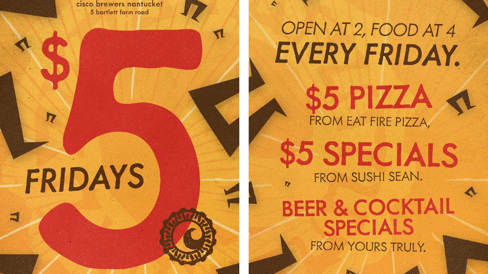 Five Dollar Fridays promotional campaign designed by Owen Hudson for Cisco Brewers on Nantucket