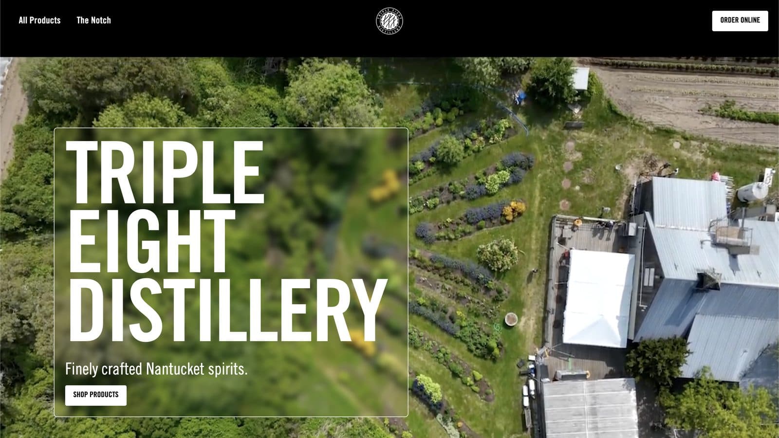 Triple Eight Distillery website homepage, a custom site designed by Owen Hudson for a Nantucket distillery